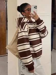Muchica Women's Streetwear Striped Colorblock Long Sleeve Hooded Sweatshirt - Multicolor - View 1