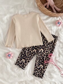 SHEIN Kids Kids Kids Newborn Letter Print Top Kids & Leopard Print Pants Loungewear Set - Beige - View 7