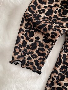 SHEIN Kids Kids Kids Newborn Letter Print Top Kids & Leopard Print Pants Loungewear Set - Beige - View 5