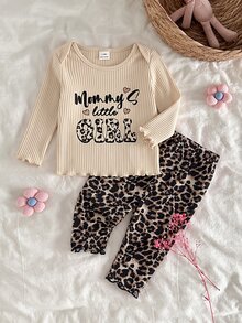 SHEIN Kids Kids Kids Newborn Letter Print Top Kids & Leopard Print Pants Loungewear Set - Beige - View 2