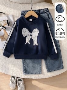 SHEIN Sparklyn 女童 2 件套 春/秋季長袖蕾絲蝴蝶結衛衣 + 牛仔寬腿褲，側邊飾帶套頭上衣，女童休閒套裝，柔軟舒適女孩日常穿著 - 藍色 - 查看 3