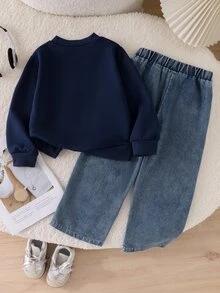 SHEIN Sparklyn 女童 2 件套 春/秋季長袖蕾絲蝴蝶結衛衣 + 牛仔寬腿褲，側邊飾帶套頭上衣，女童休閒套裝，柔軟舒適女孩日常穿著 - 藍色 - 查看 2