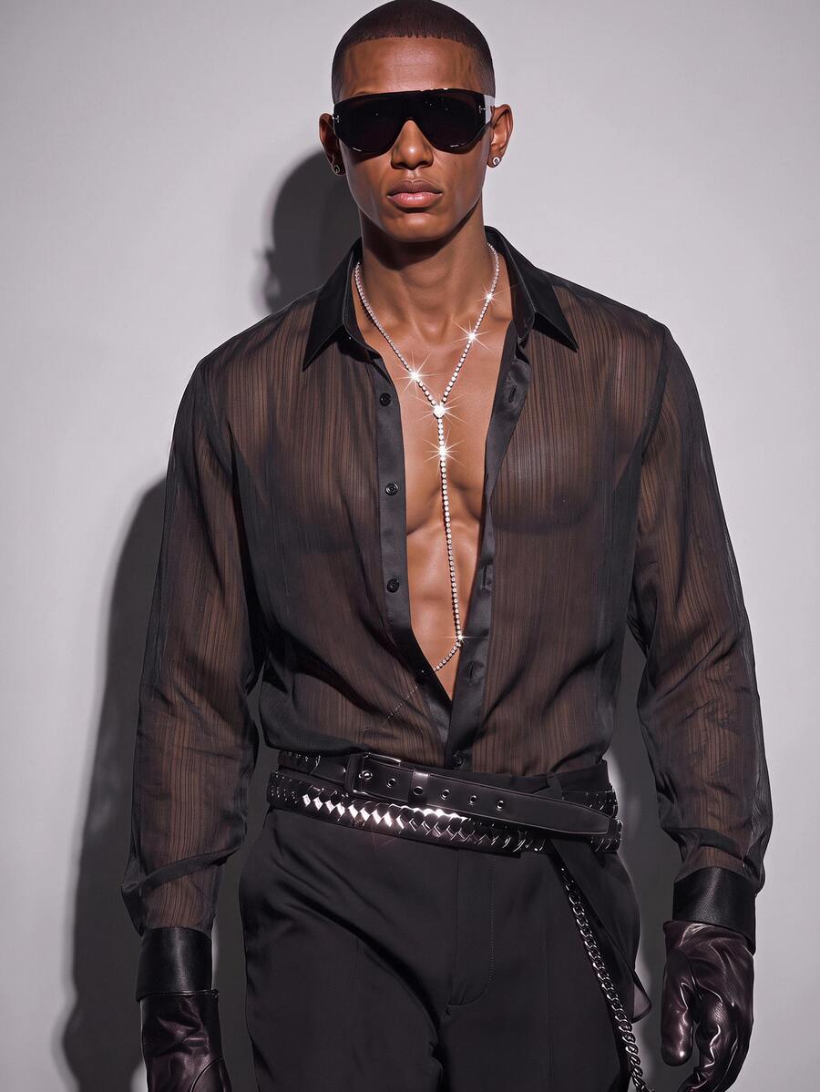 Mainfolk Men's Single-Breasted Black Shiny Sheer Long Sleeve Shirt - Black - View 1