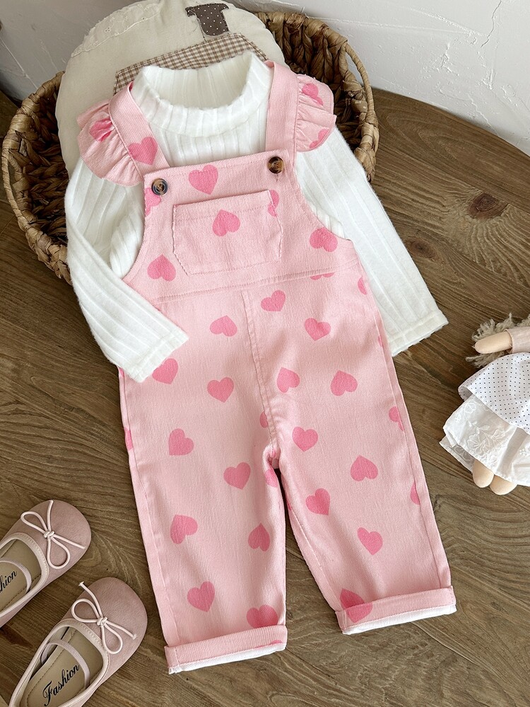 Vintaside Kids 2Pcs Toddler Baby Girls Top Overalls Pants Cute Sweet Pink White Ruffle Heart Print Long Sleeve Mock Neck Regular Holiday Fall Princess Soft Clothes - Baby Pink - View 8