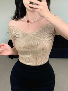 DAZY Women's Off-Shoulder Sequin Fitted Casual Short Sleeve T-Shirt, Summer Party Night, Gold Sequin - Apricot - View 5
