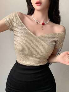DAZY Women's Off-Shoulder Sequin Fitted Casual Short Sleeve T-Shirt, Summer Party Night, Gold Sequin - Apricot - View 6