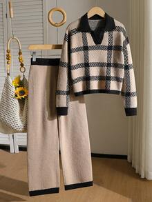 Tween Girl V-Neck Contrast Trim Striped Long Sleeve Sweater And Knitted Skirt Set - Khaki - View 8