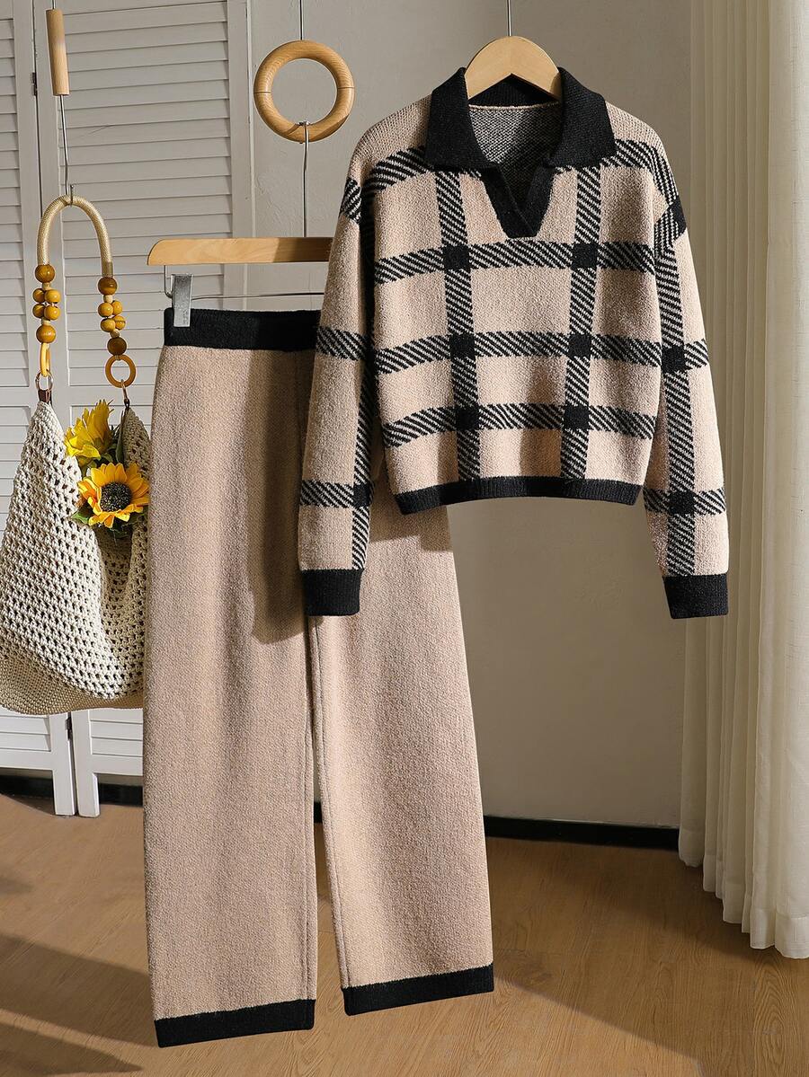 Tween Girl V-Neck Contrast Trim Striped Long Sleeve Sweater And Knitted Skirt Set - Khaki - View 1