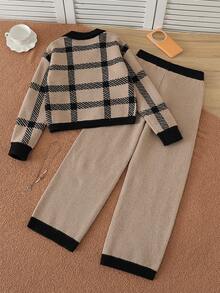 Tween Girl V-Neck Contrast Trim Striped Long Sleeve Sweater And Knitted Skirt Set - Khaki - View 2
