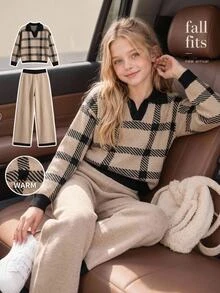Tween Girl V-Neck Contrast Trim Striped Long Sleeve Sweater And Knitted Skirt Set - Khaki - View 1
