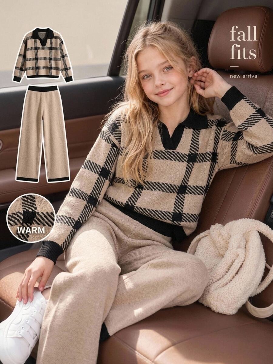 Tween Girl V-Neck Contrast Trim Striped Long Sleeve Sweater And Knitted Skirt Set - Khaki - View 1