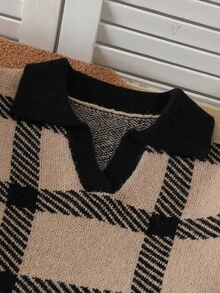 Tween Girl V-Neck Contrast Trim Striped Long Sleeve Sweater And Knitted Skirt Set - Khaki - View 6
