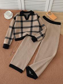 Tween Girl V-Neck Contrast Trim Striped Long Sleeve Sweater And Knitted Skirt Set - Khaki - View 3