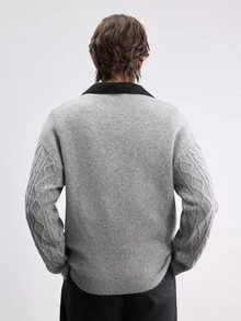 Manfinity CasualKnits 男士長袖針織毛衣，翻領設計，雙色拼接，都市文藝街頭風，休閒時尚，創意個性街頭穿搭 - 灰色 - 查看 3