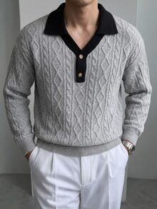 Manfinity CasualKnits 男士長袖針織毛衣，翻領設計，雙色拼接，都市文藝街頭風，休閒時尚，創意個性街頭穿搭 - 灰色 - 查看 2