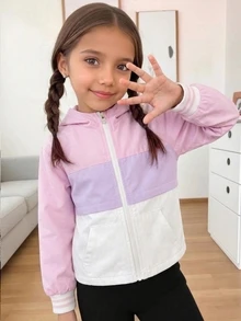 Young Girls Colorblock Hooded Jacket, Stylish Sporty Outdoor Comfortable & Elegant Casual Chic Rave Party Outerwear For Spring & Autumn Fall Winter - Pink - View 3
