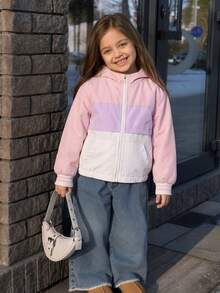 Young Girls Colorblock Hooded Jacket, Stylish Sporty Outdoor Comfortable & Elegant Casual Chic Rave Party Outerwear For Spring & Autumn Fall Winter - Pink - View 4