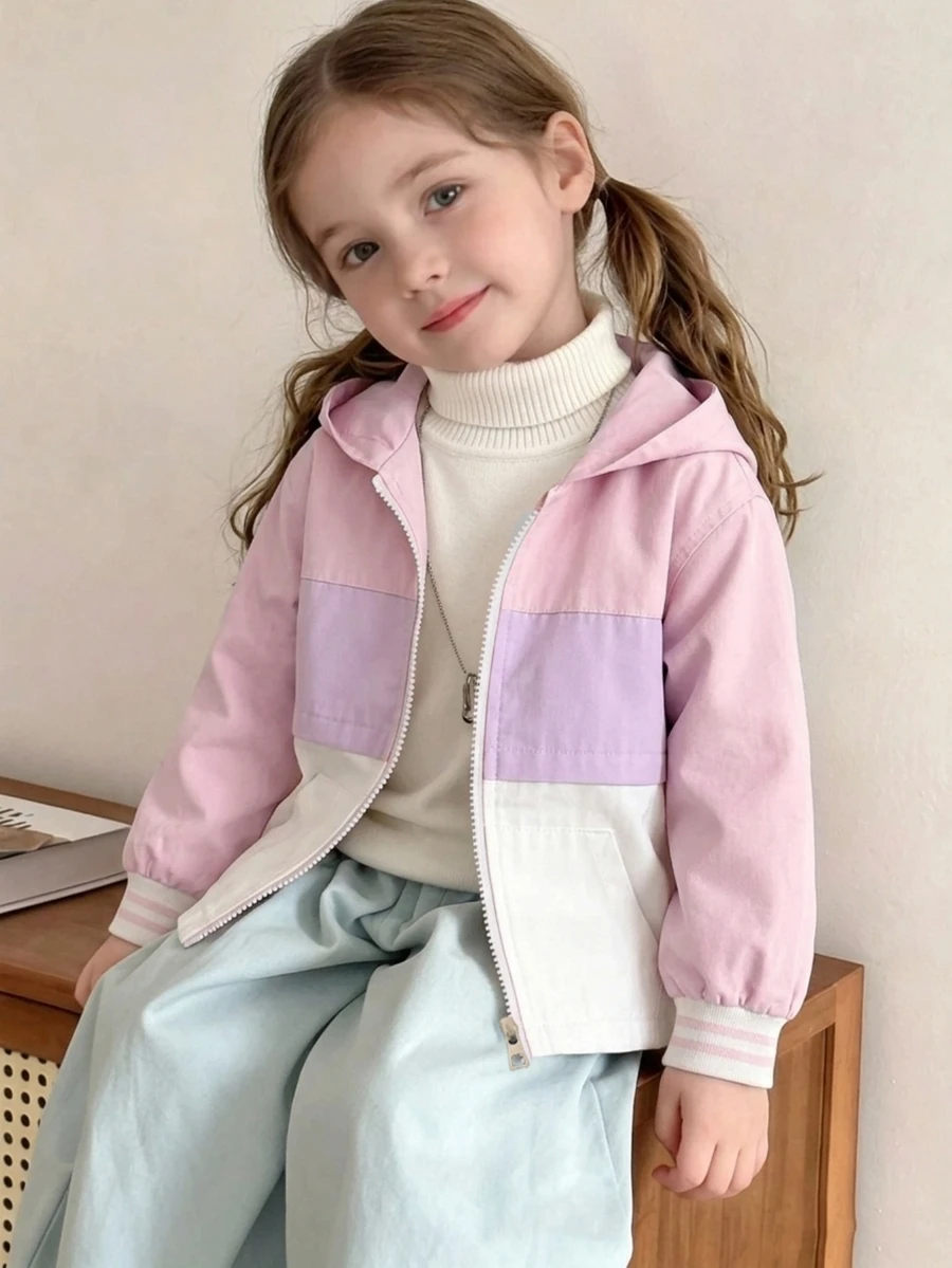 Young Girls Colorblock Hooded Jacket, Stylish Sporty Outdoor Comfortable & Elegant Casual Chic Rave Party Outerwear For Spring & Autumn Fall Winter - Pink - View 1
