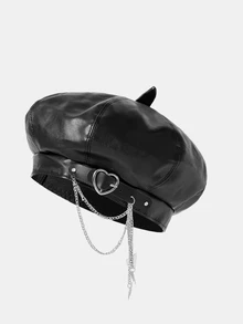 Aravennia 1pc Women's Heart & Butterfly Faux Leather Octagonal Cap, Solid Pumpkin Color - Black - View 2
