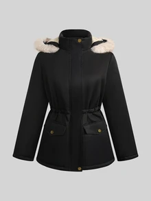 Everyssa Women's Black Autumn/Winter Fashion Casual Versatile Commute Fur Collar Long Sleeve Thick Coat - Black - View 3