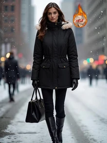 Everyssa Women's Black Autumn/Winter Fashion Casual Versatile Commute Fur Collar Long Sleeve Thick Coat - Black - View 5