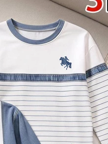 SHEIN Genkimix Kids 3 Packs Kids 4-8Y Casual Striped & Denim Look Long Sleeve T-Shirt Set - Blue and White - View 3