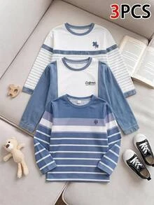 SHEIN Genkimix Kids 3 Packs Kids 4-8Y Casual Striped & Denim Look Long Sleeve T-Shirt Set - Blue and White - View 6