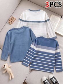 SHEIN Genkimix Kids 3 Packs Kids 4-8Y Casual Striped & Denim Look Long Sleeve T-Shirt Set - Blue and White - View 2
