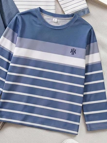 SHEIN Genkimix Kids 3 Packs Kids 4-8Y Casual Striped & Denim Look Long Sleeve T-Shirt Set - Blue and White - View 4