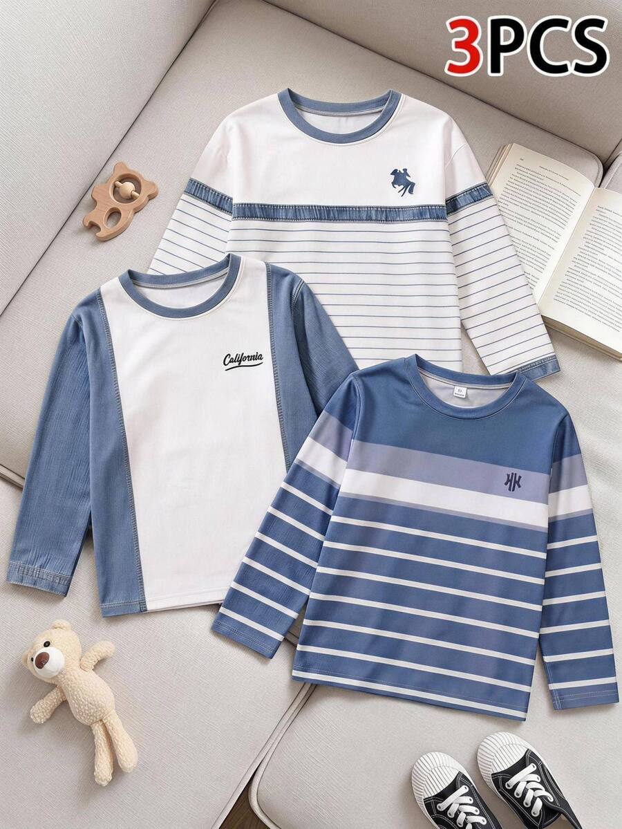 SHEIN Genkimix Kids 3 Packs Kids 4-8Y Casual Striped & Denim Look Long Sleeve T-Shirt Set - Blue and White - View 1