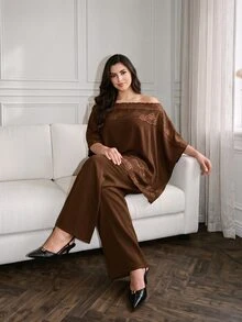 Cirelune Brown Lace Patchwork Loose Slouchy Fashion Elegant Top And Pants 2-Piece Set Plus Size - Brown - View 1