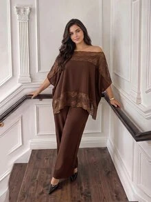 Cirelune Brown Lace Patchwork Loose Slouchy Fashion Elegant Top And Pants 2-Piece Set Plus Size - Brown - View 4