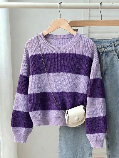 SHEIN Young Girls Sweaters, Tween GirlsCrew Neck Khaki & Coffee Striped Pullover Sweater, Designed Knit Sweater, Soft Knit, Simple Base Layer, Suitable For Autumn & Winter, Casual Long Sleeve Top For Outings, Parties, Photos, And Play