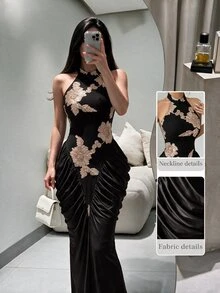 Modelyn 棕色網眼提花刺繡露背掛脖修身抓皺收腰設計時尚優雅長洋裝 - 黑色和金色 - 查看 5