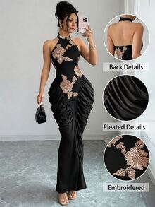 Modelyn 棕色網眼提花刺繡露背掛脖修身抓皺收腰設計時尚優雅長洋裝 - 黑色和金色 - 查看 7