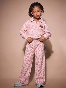 SHEIN Playful Pals 女童粉色豹紋 Polo 領加厚保暖長袖套裝，冬季休閒 2 件套，簡約時尚，百搭日常少女穿搭 - 粉色 - 查看 1