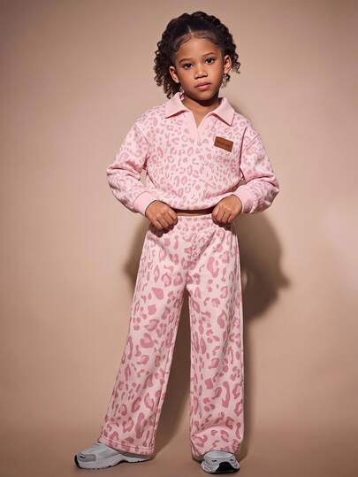 SHEIN Playful Pals Girls Pink Leopard Print Polo Collar Thick Warm Long Sleeve Set, Winter Casual 2Pcs Outfit, Simple & Stylish, Versatile Daily Young Girl Outfit