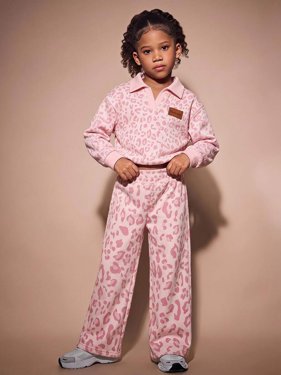 SHEIN Playful Pals 女童粉色豹紋 Polo 領加厚保暖長袖套裝,冬季休閒 2 件套,簡約時尚,百搭日常少女穿搭 - 粉色 - 查看 1