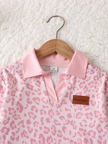 SHEIN Playful Pals 女童粉色豹紋 Polo 領加厚保暖長袖套裝，冬季休閒 2 件套，簡約時尚，百搭日常少女穿搭 - 粉色 - 查看 5