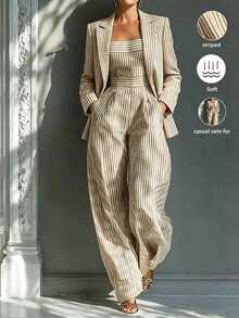 Trelyra Elegant Casual Striped Women's 2 Pieces Set, Office Wear, Commute, Outing, Holiday, Back To School, Autumn/Winter - Multicolor - View 4
