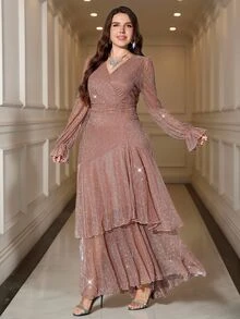 Reflora New Plus Size Women's Fashion Printed Ruffle Wave Hem High Elastic Cinched Waist Concealing Long Dress, Autumn Dress, Pleated Dress, Floral Dress Fall - Dusty Pink - View 2