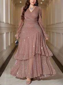 Reflora New Plus Size Women's Fashion Printed Ruffle Wave Hem High Elastic Cinched Waist Concealing Long Dress, Autumn Dress, Pleated Dress, Floral Dress Fall - Dusty Pink - View 6