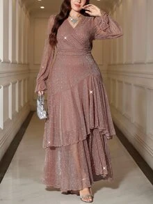 Reflora New Plus Size Women's Fashion Printed Ruffle Wave Hem High Elastic Cinched Waist Concealing Long Dress, Autumn Dress, Pleated Dress, Floral Dress Fall - Dusty Pink - View 4