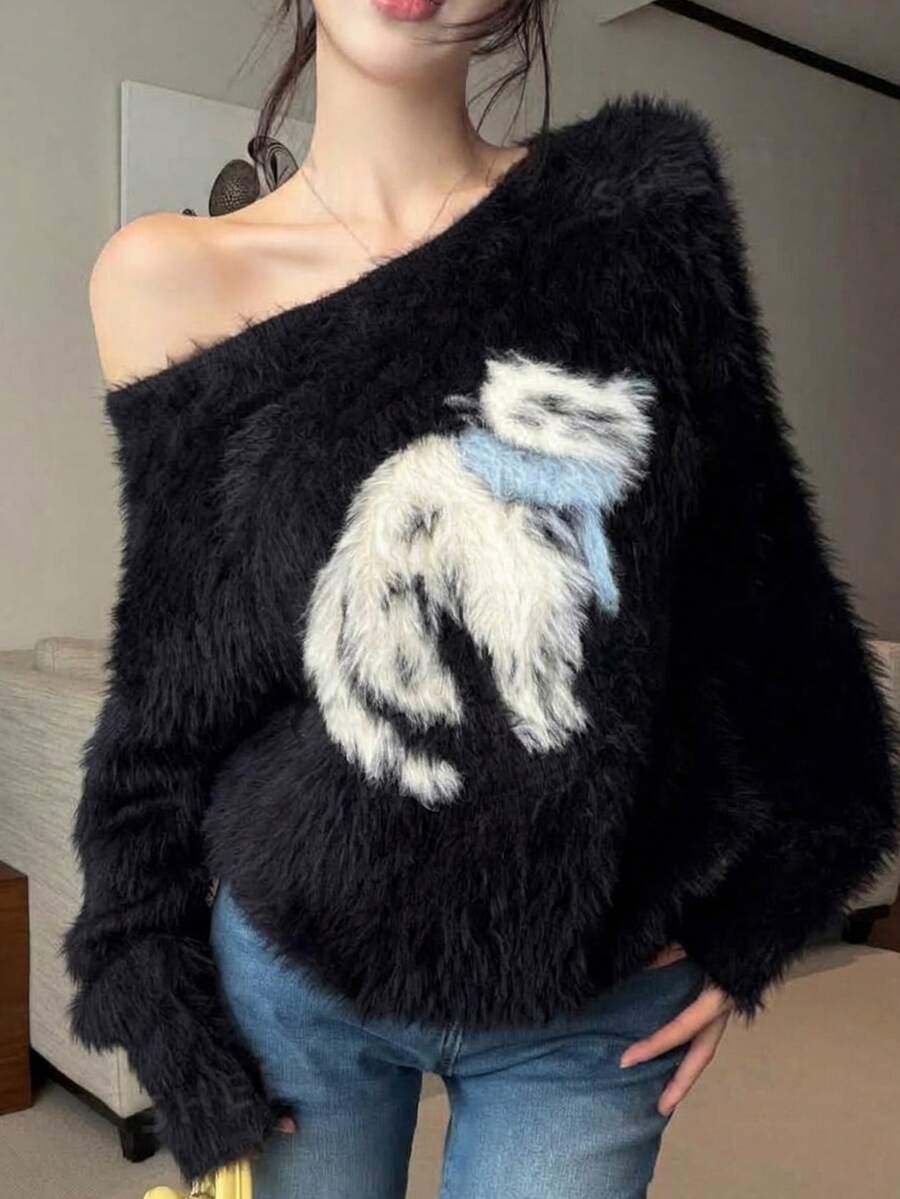 DAZY Women's Black Asymmetrical Shoulder Plush Cartoon Pattern Contrast Blue & White Loose Casual Long Sleeve Knit Sweater Fall - Black - View 1
