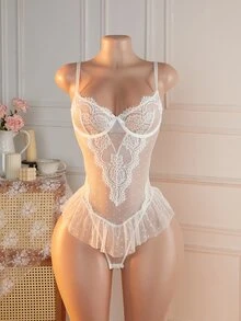 Crystal Vow White Polka Dot Delicate Lace Trim Elegant Romantic Jumpsuit - White - View 6