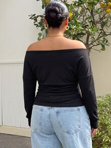 Muchica Plus Size Women's Solid Color Off-Shoulder Ruched Fitted Casual Formal Sexy Smart T-Shirt Office Brunch Dinner Vacation Rave Date Night Black Autumn - Black - View 3