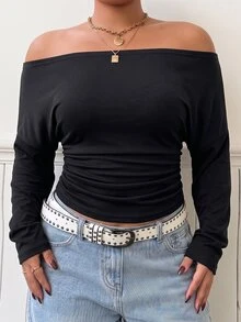 Muchica Plus Size Women's Solid Color Off-Shoulder Ruched Fitted Casual Formal Sexy Smart T-Shirt Office Brunch Dinner Vacation Rave Date Night Black Autumn - Black - View 2