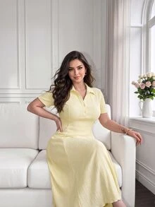 Cirelune Women's Spring/Summer Baby White Knit Jacquard Short Sleeve Waist-Cinching Button-Up A-Line Elegant Romantic Plus Size Dress Party Formal - Apricot - View 2