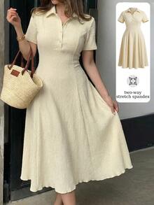 Cirelune Women's Spring/Summer Baby White Knit Jacquard Short Sleeve Waist-Cinching Button-Up A-Line Elegant Romantic Plus Size Dress Party Formal - Apricot - View 5