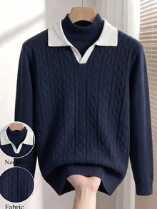Manfinity Homme Men's Polo Collar Long Sleeve Pullover Sweater Preppy Casual Autumn Top, Suitable For Daily Wear, Leisure, Vacation, V-Neck Colorblock - Navy Blue - View 4